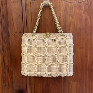 Vintage Tan Plastic Coated Basket Weave Wicker Goldtone Chain Purse Handbag